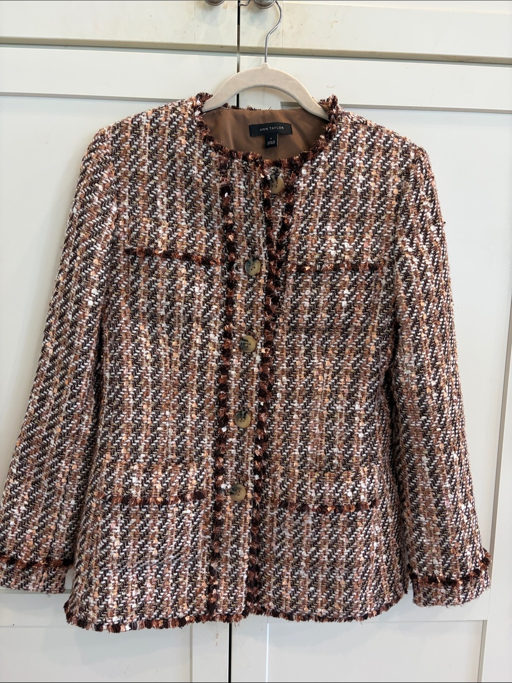 Ann Taylor Brown Cream Gold Tweed Button Jacket